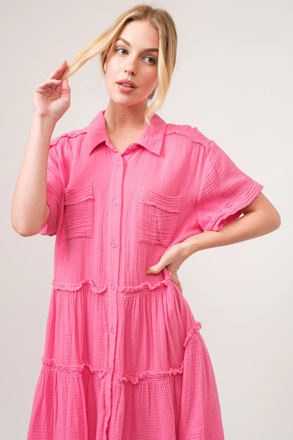 And The Why Full Size Raw Edge Washed Tiered Shirt Dress