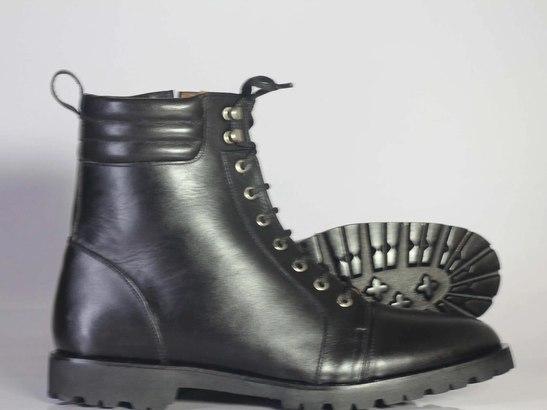 Bespoke Black Leather Side Zip Ankle Cap Toe Lace Up Boot