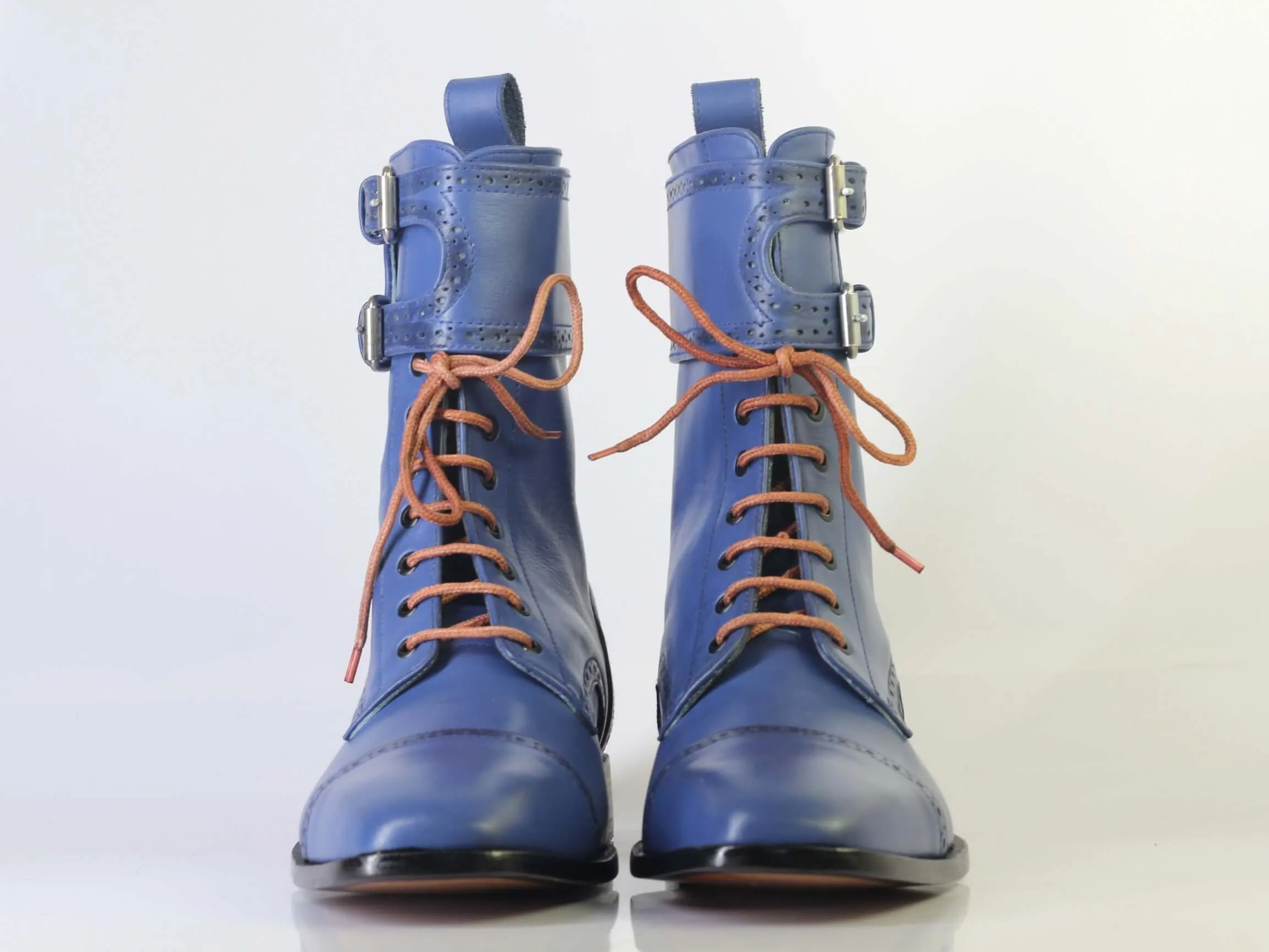 Bespoke Blue Ankle High Cap Toe Buckle Lace Up Boots for Men's