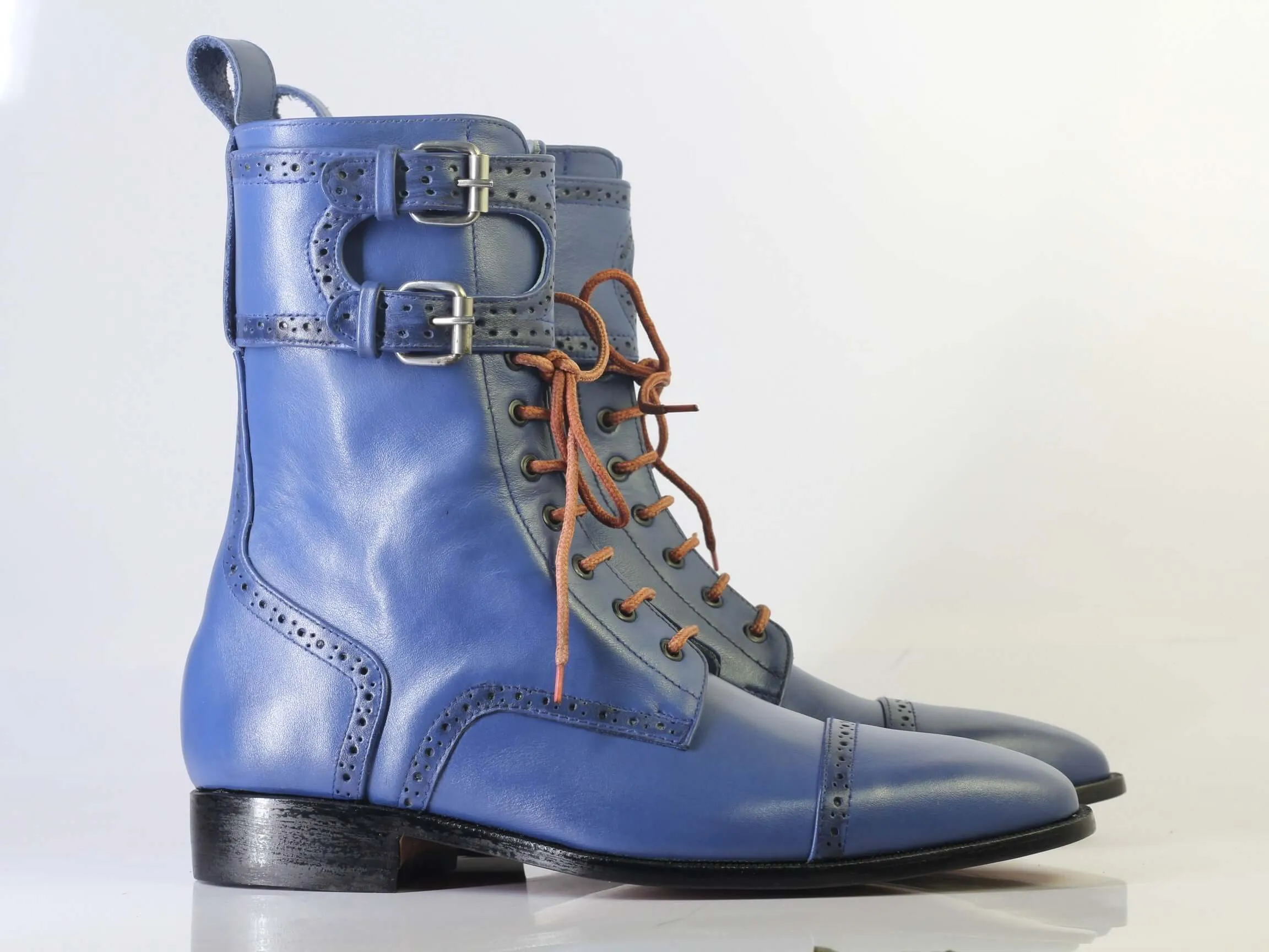 Bespoke Blue Ankle High Cap Toe Buckle Lace Up Boots for Men's