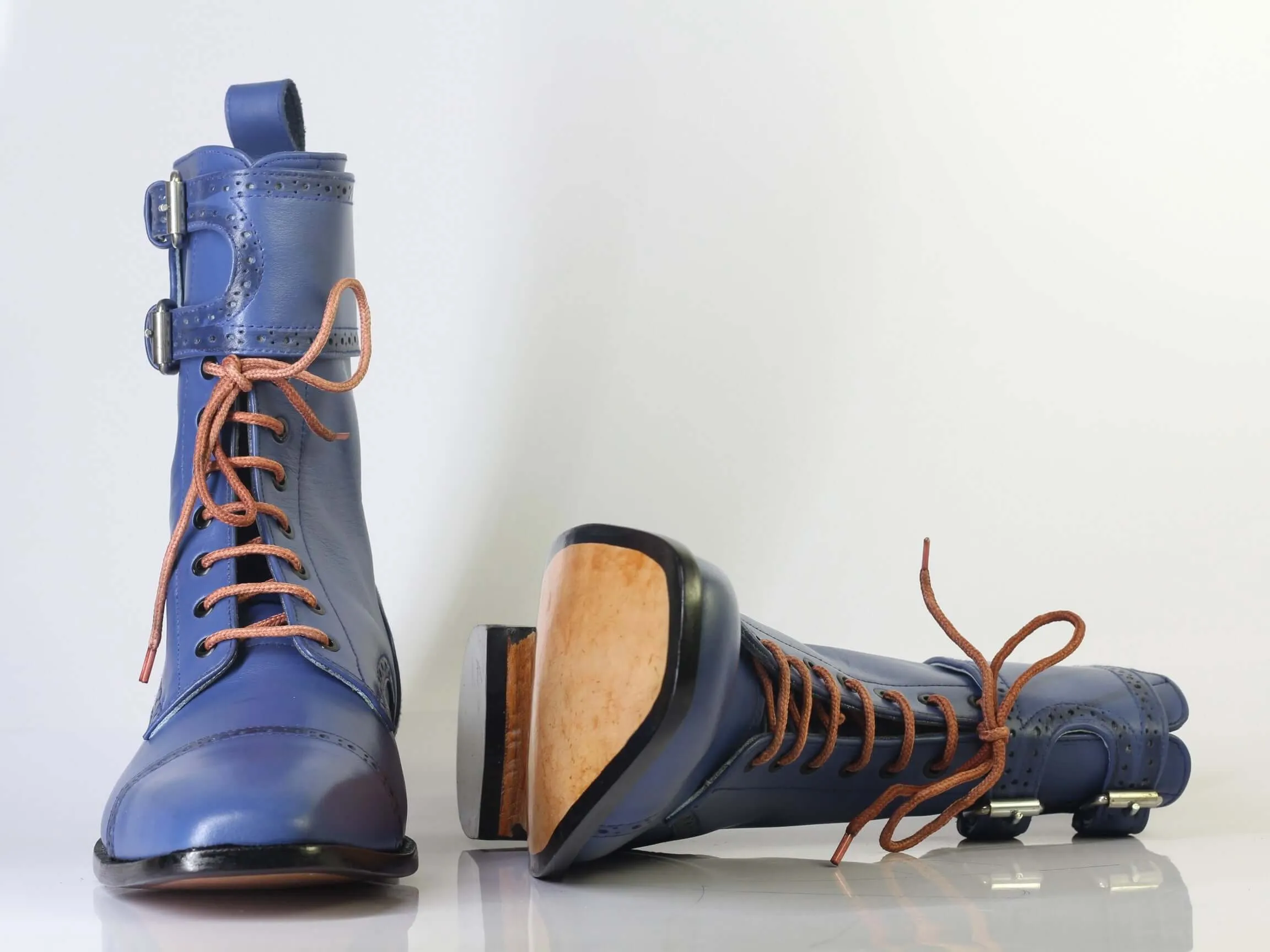 Bespoke Blue Ankle High Cap Toe Buckle Lace Up Boots for Men's