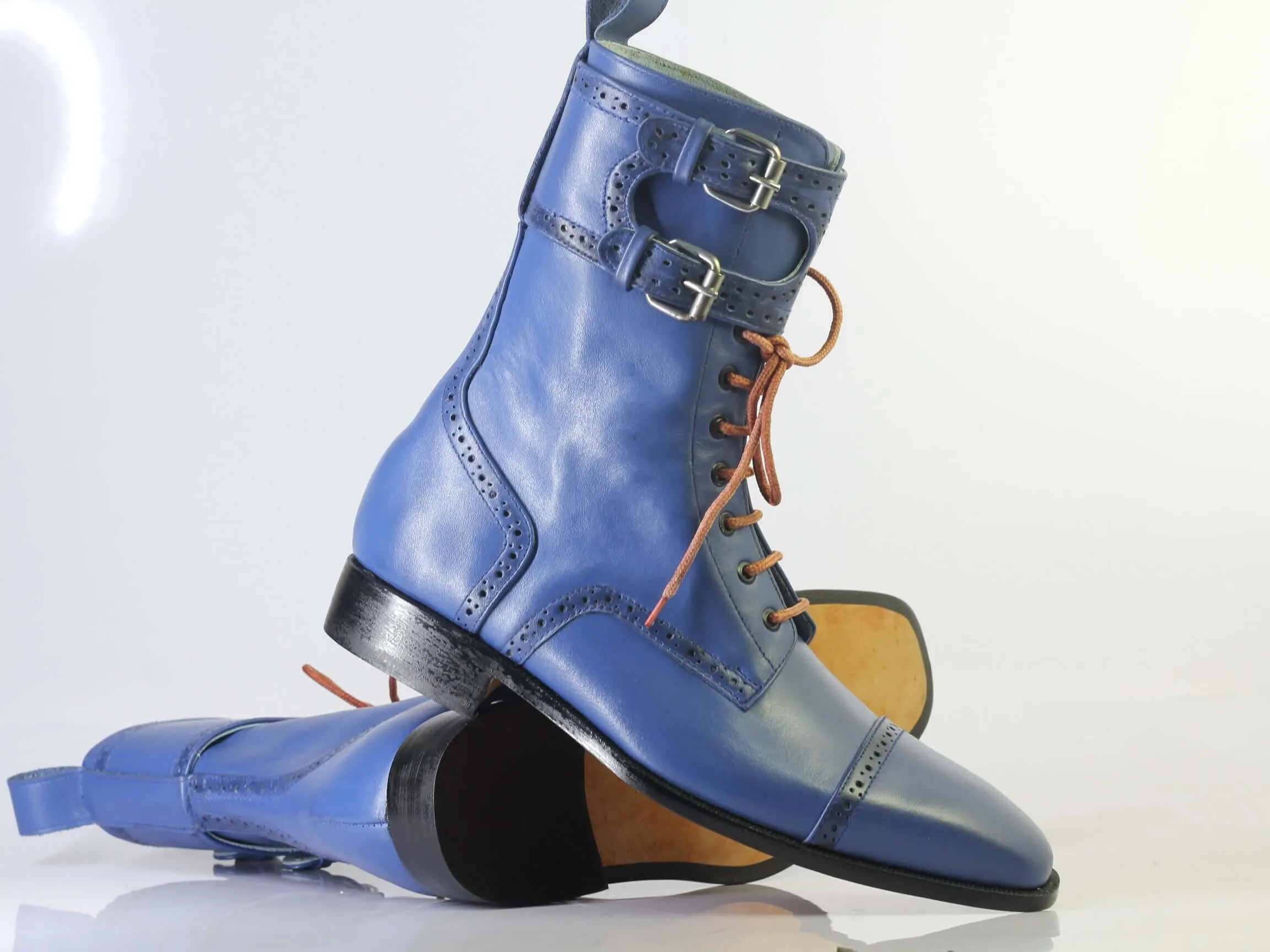 Bespoke Blue Ankle High Cap Toe Buckle Lace Up Boots for Men's