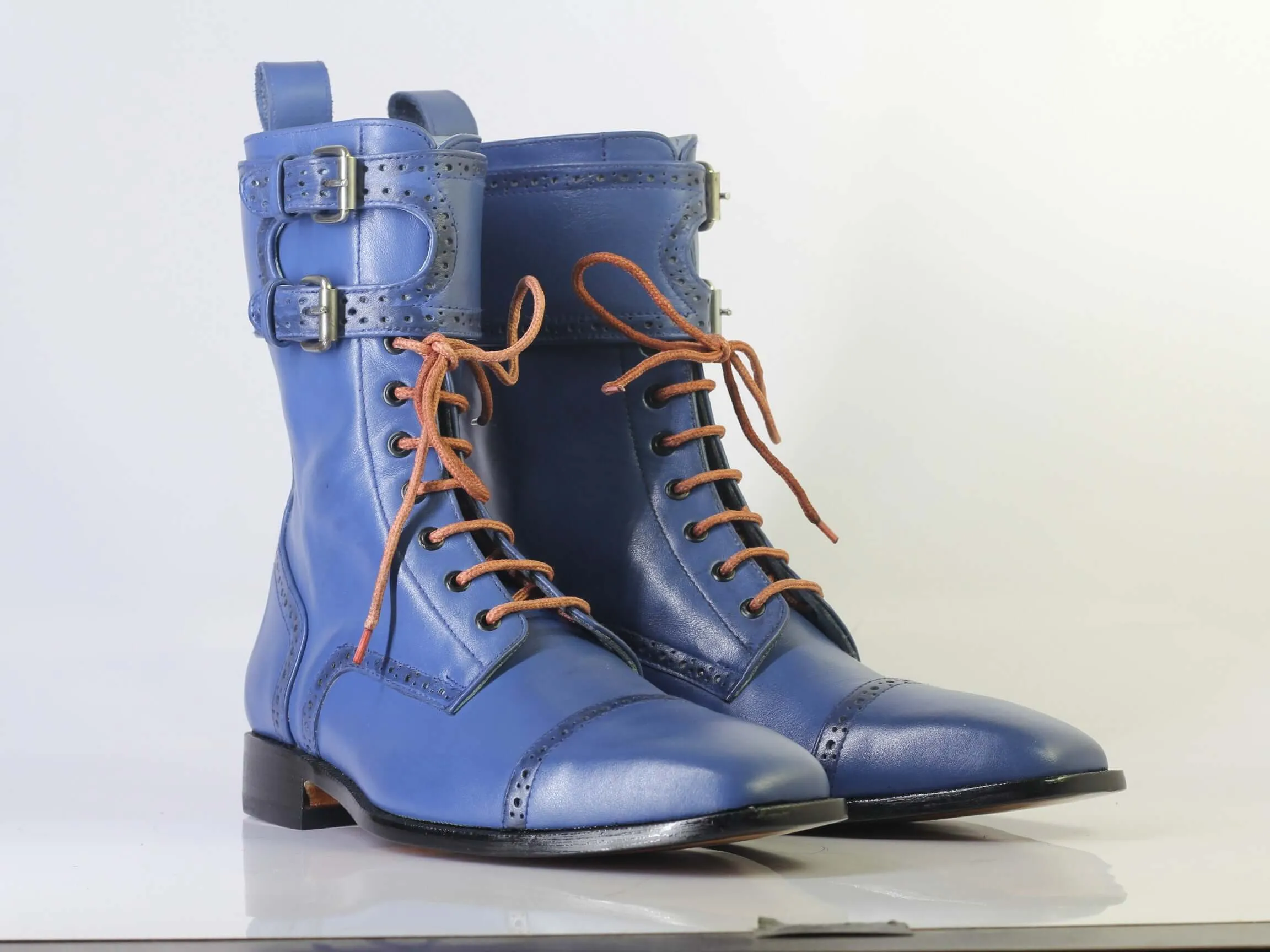 Bespoke Blue Ankle High Cap Toe Buckle Lace Up Boots for Men's