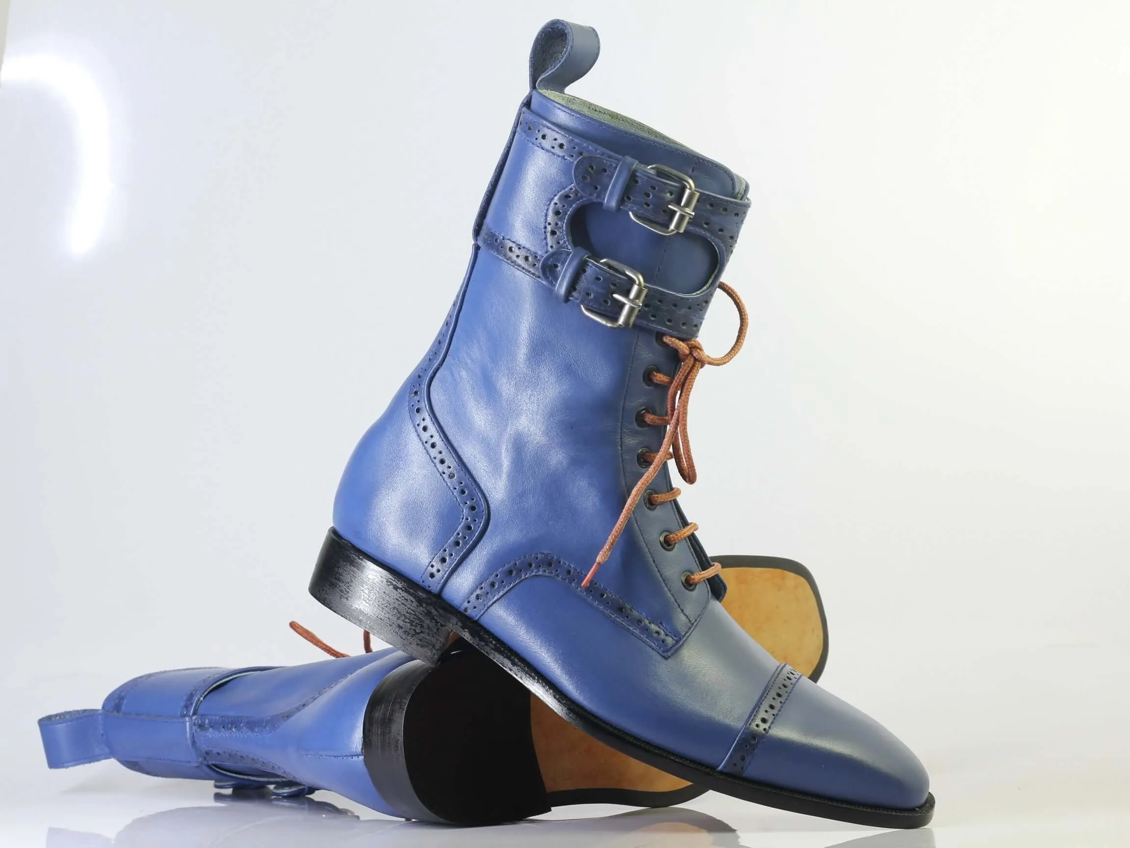 Bespoke Blue Ankle High Cap Toe Buckle Lace Up Boots for Men's