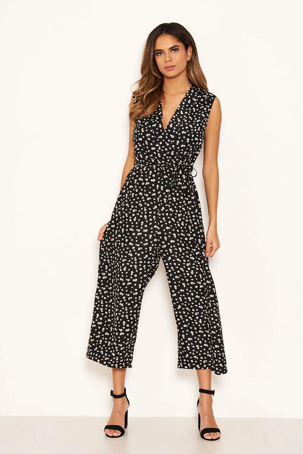 Black Ditsy Wrap Jumpsuit