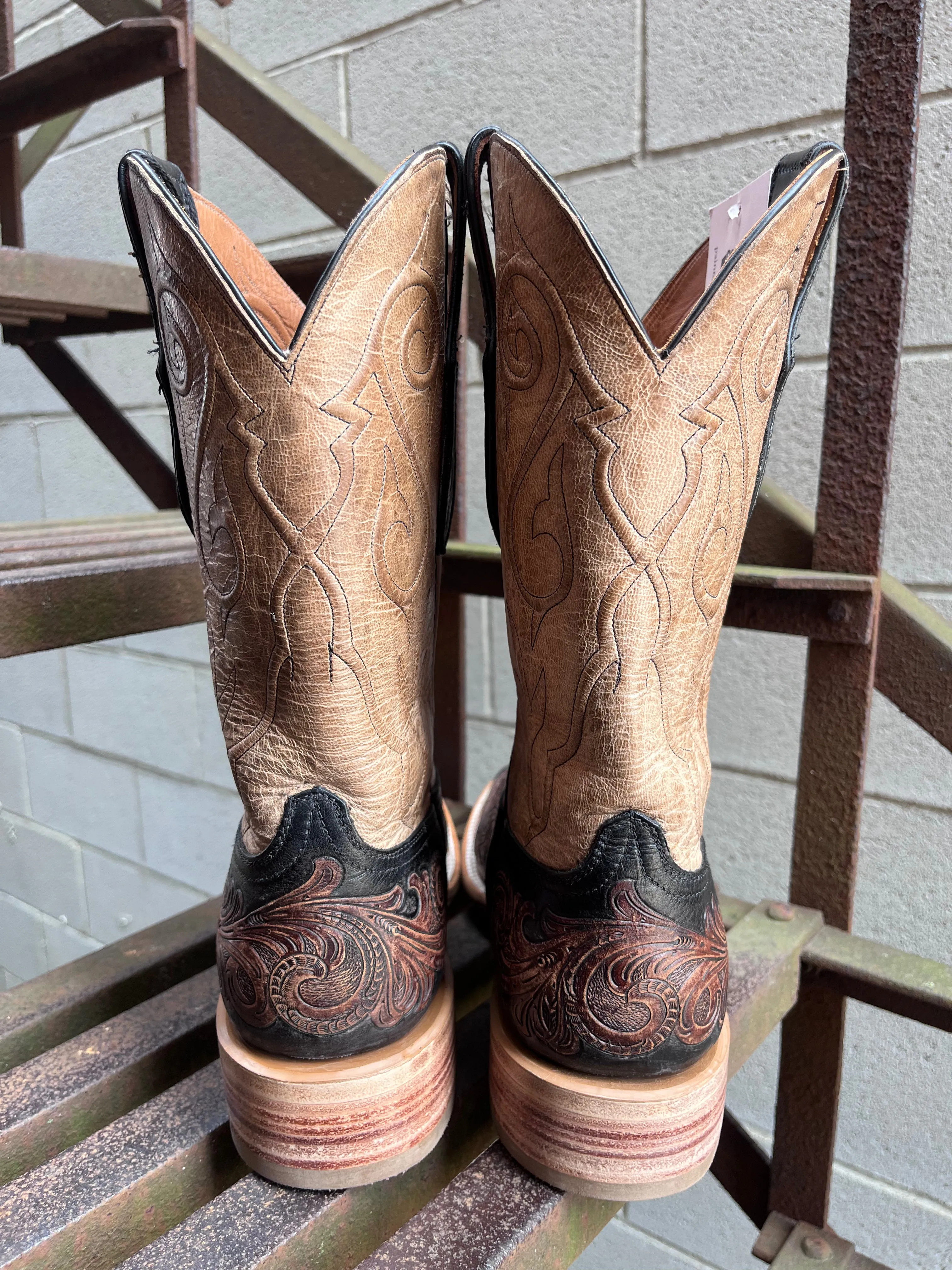 Black Jack Men's Chocolate Tandy Black Hand-Tooled & Goat Pearl Maddog Square Toe Cowboy Boots HT313-96