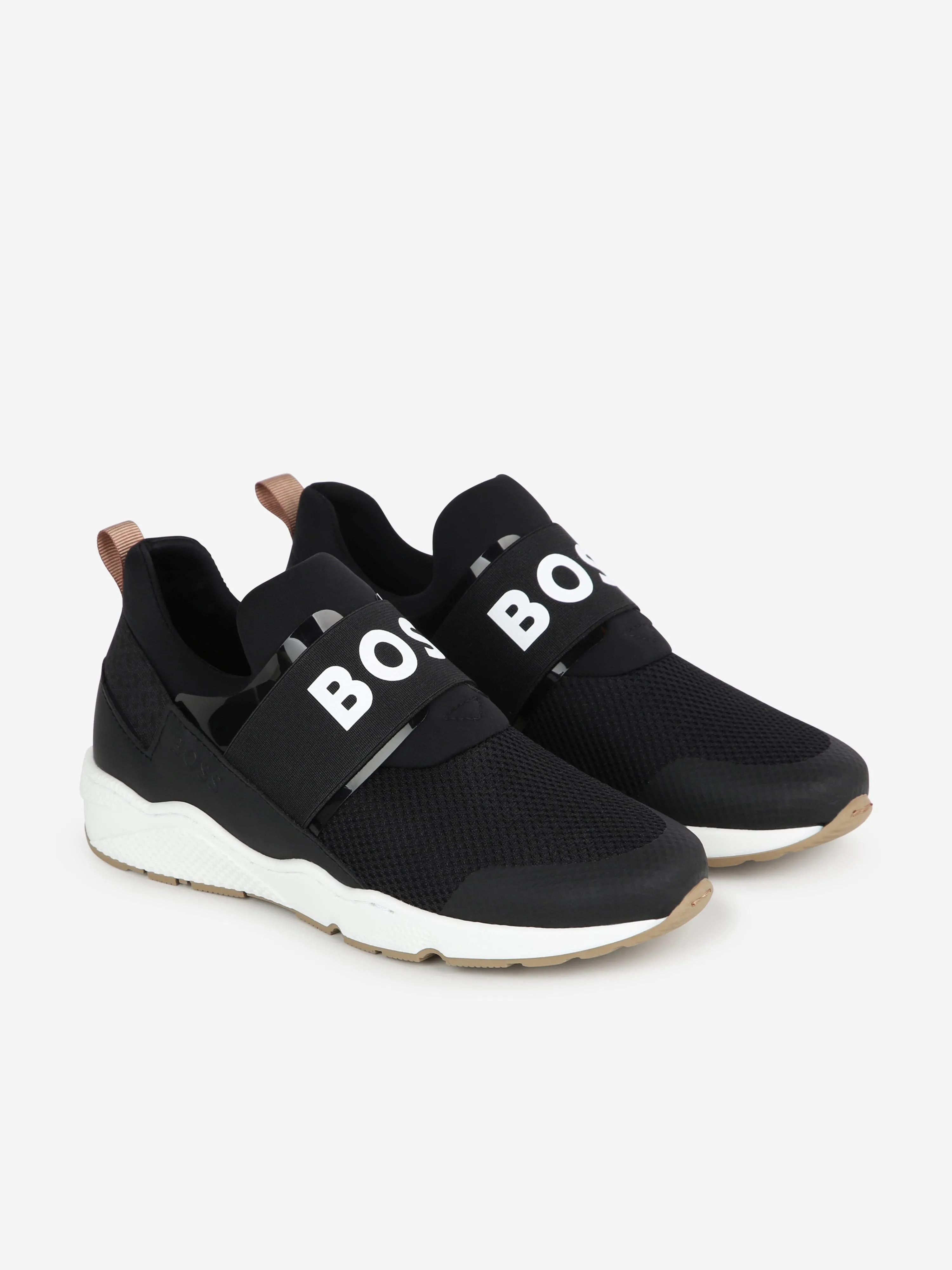 BOSS Boys Mesh And Leather Logo Trainers in Black