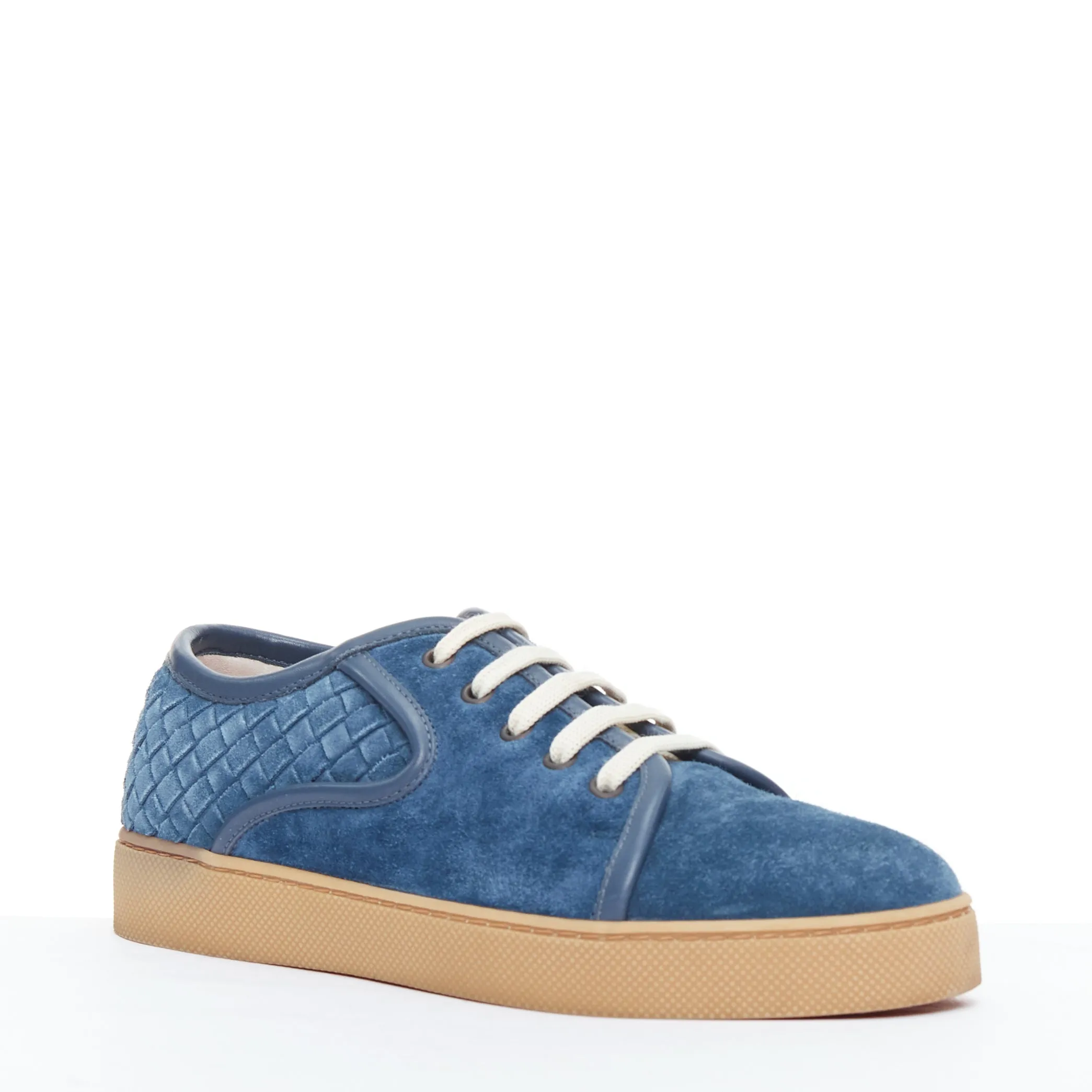 BOTTEGA VENETA blue suede intrecciato woven lace up sneakers EU39.5