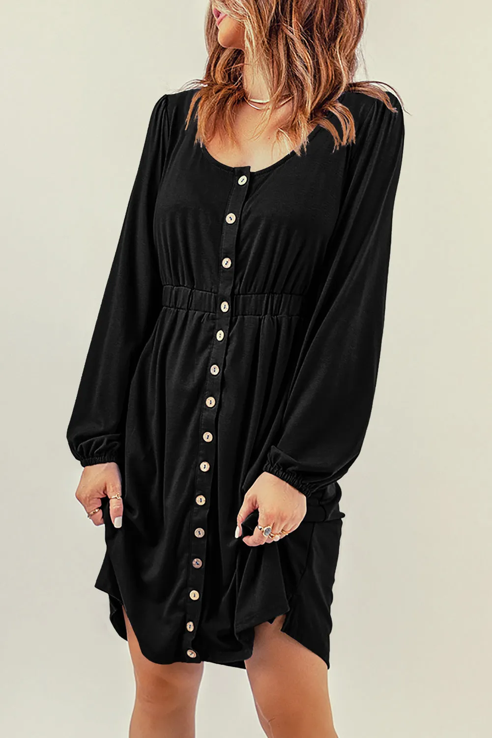 Button Up High Waist Long Sleeve Dress