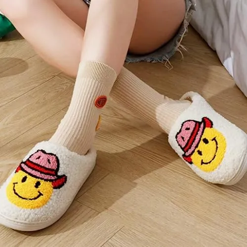 CATLJXL Cowboy Boot Slippers for Women Disco Cowgirl Hat Slippers for Women Preppy Cowboy Smile Face Slippers Memory Foam Smiley Hat 4142