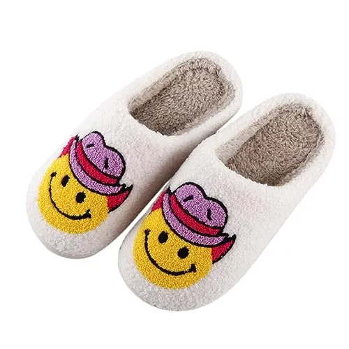 CATLJXL Cowboy Boot Slippers for Women Disco Cowgirl Hat Slippers for Women Preppy Cowboy Smile Face Slippers Memory Foam Smiley Hat 4142