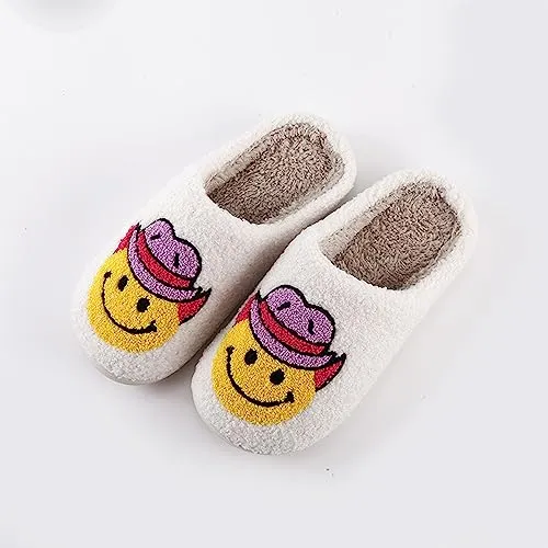 CATLJXL Cowboy Boot Slippers for Women Disco Cowgirl Hat Slippers for Women Preppy Cowboy Smile Face Slippers Memory Foam Smiley Hat 4142