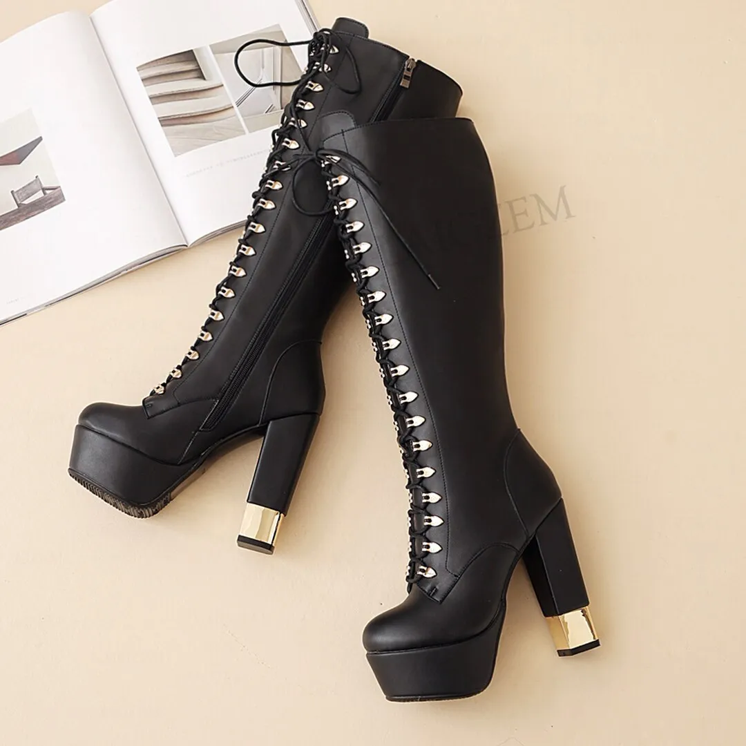 Chunky Heels Knee High Boots