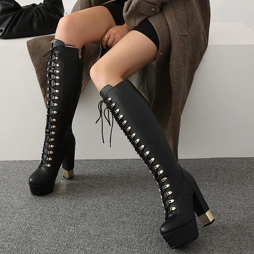 Chunky Heels Knee High Boots