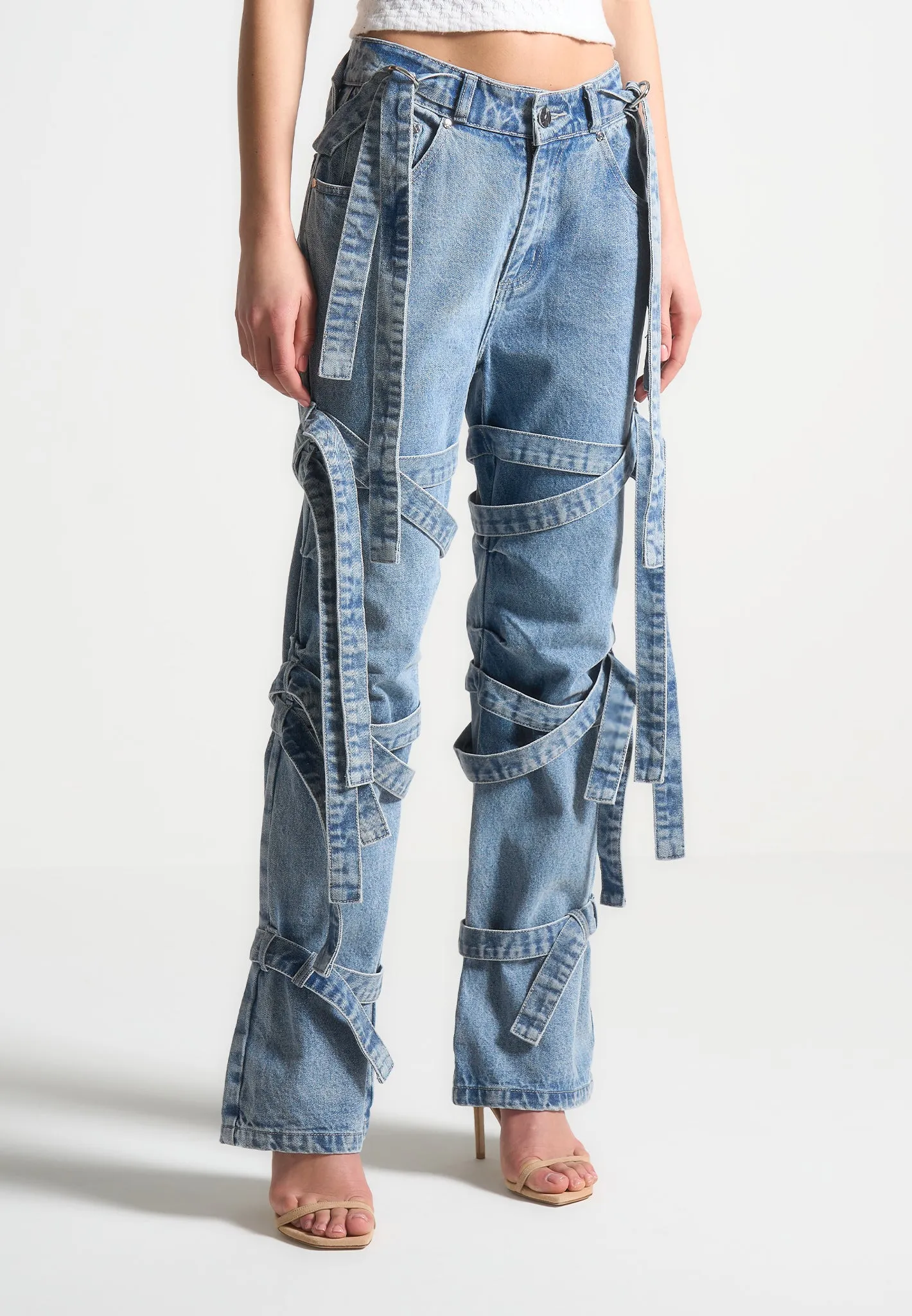 Denim Strap Cargo Jeans - Mid Blue