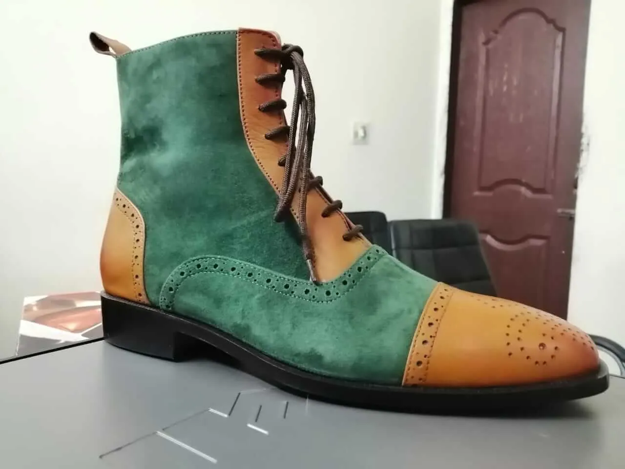 Designer Men's Handmade Green & Tan Ankle High Leather & Suede Lace Up Boots