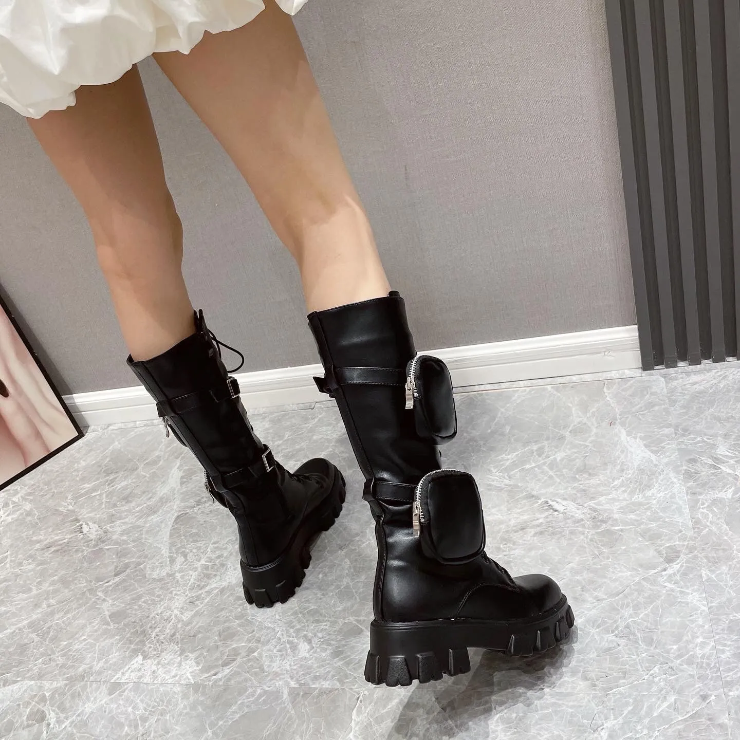 Double Pocket High Tube Thick Heel Bandage Boots