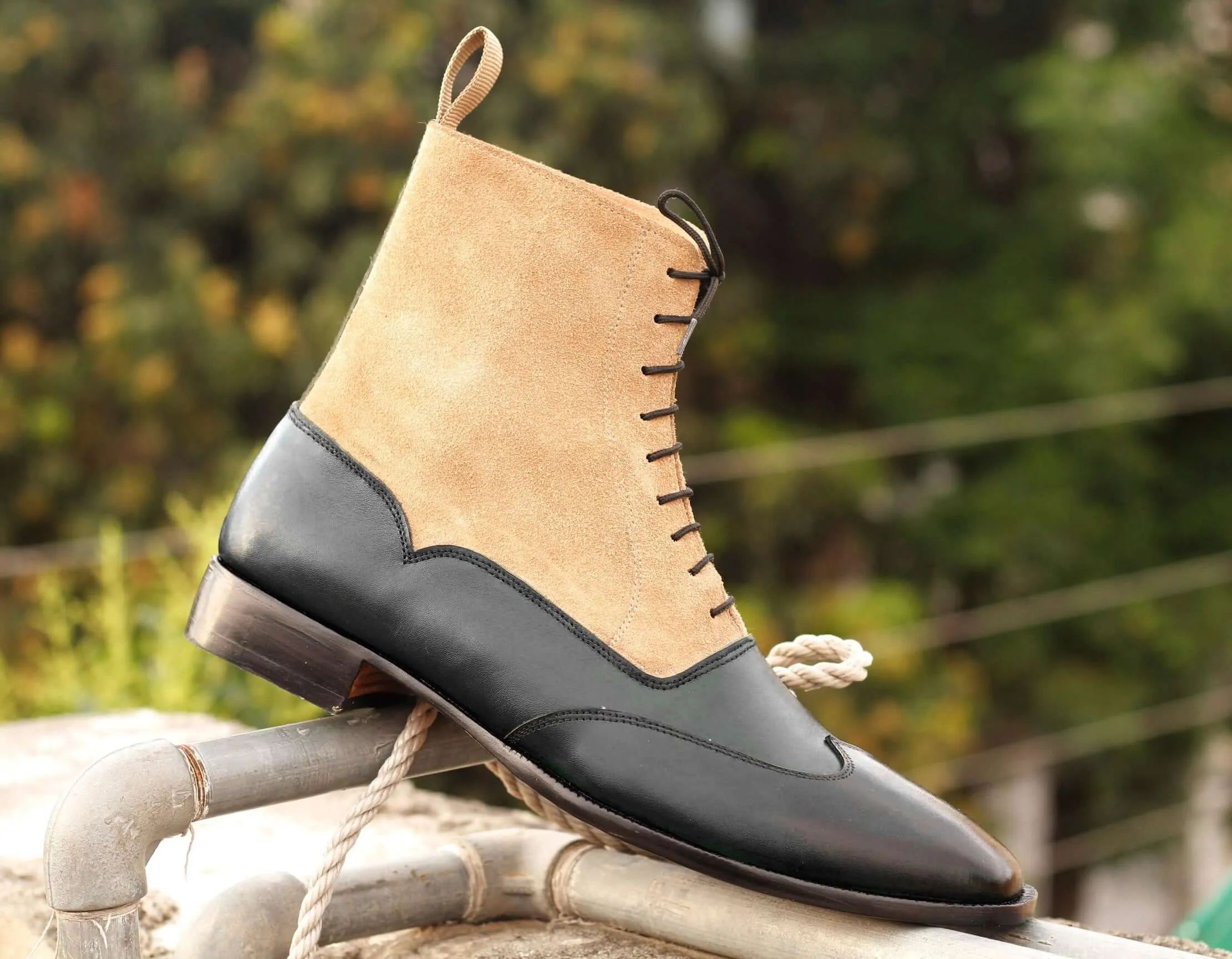 Elegant Handmade Men's Black Beige Dress Ankle High Boots, Men Leather Suede Designer Boots