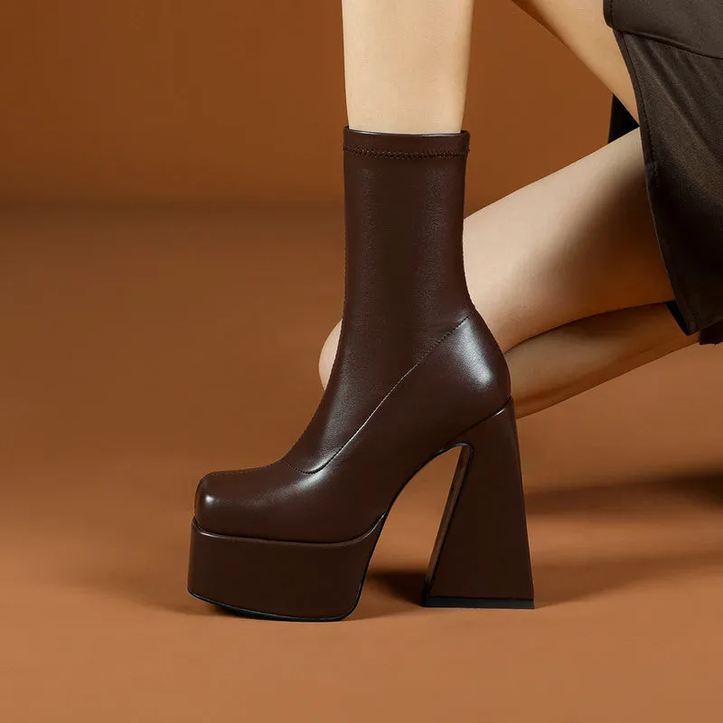 Eleni Square Toe Brown Platform Boots