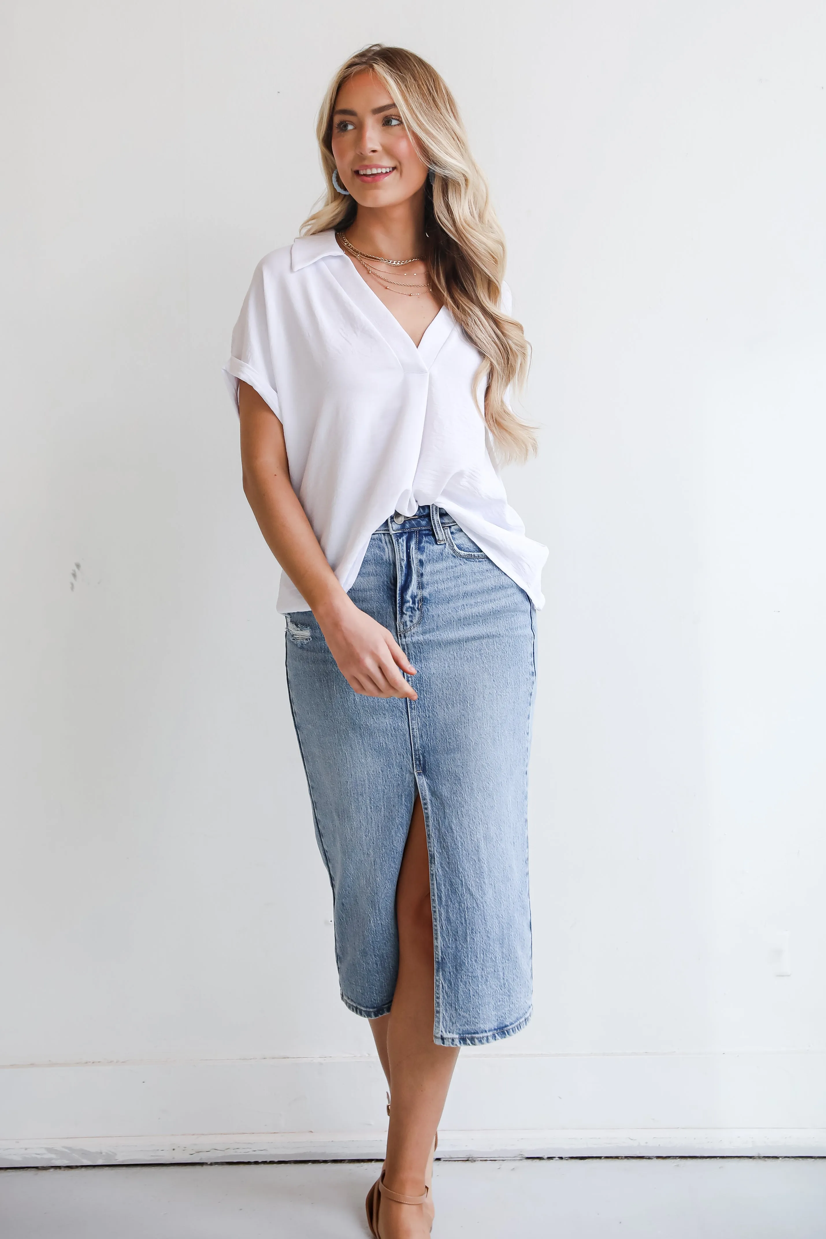 FINAL SALE - Make It Easy Medium Wash Denim Midi Skirt