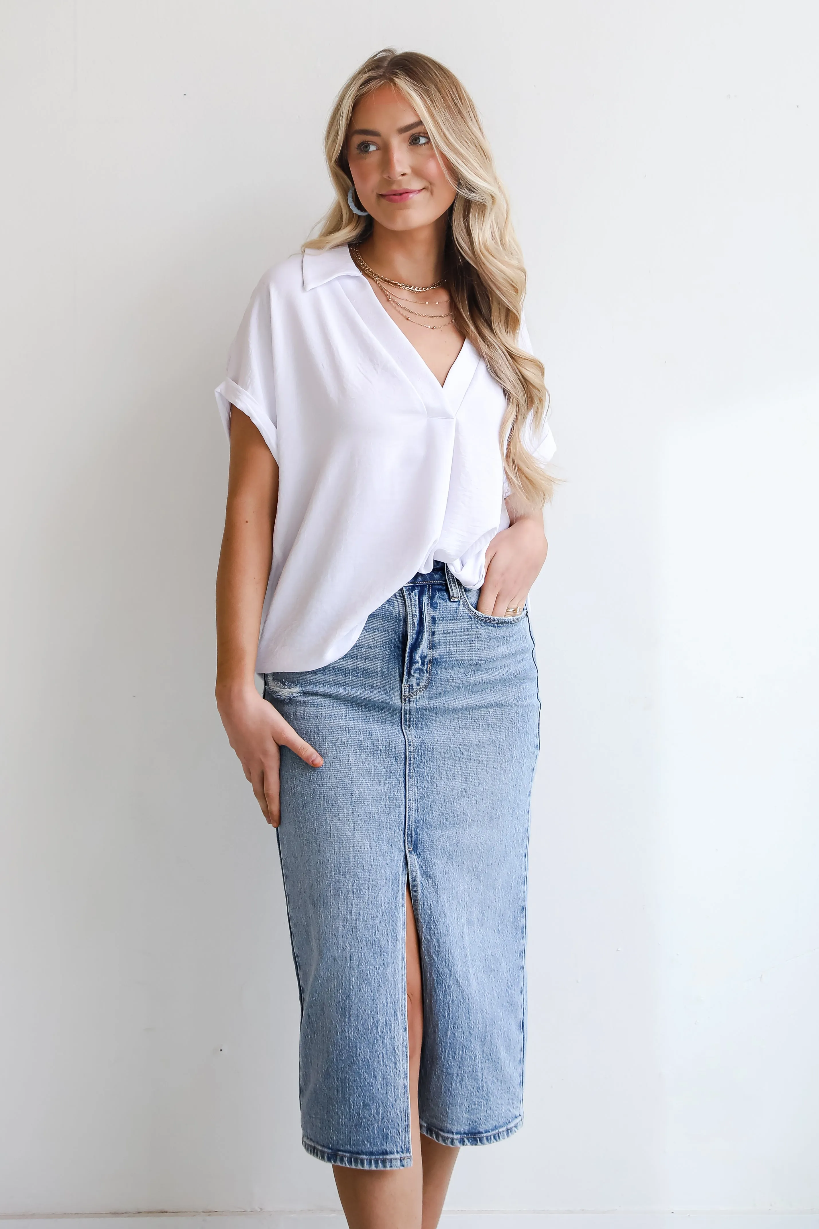 FINAL SALE - Make It Easy Medium Wash Denim Midi Skirt