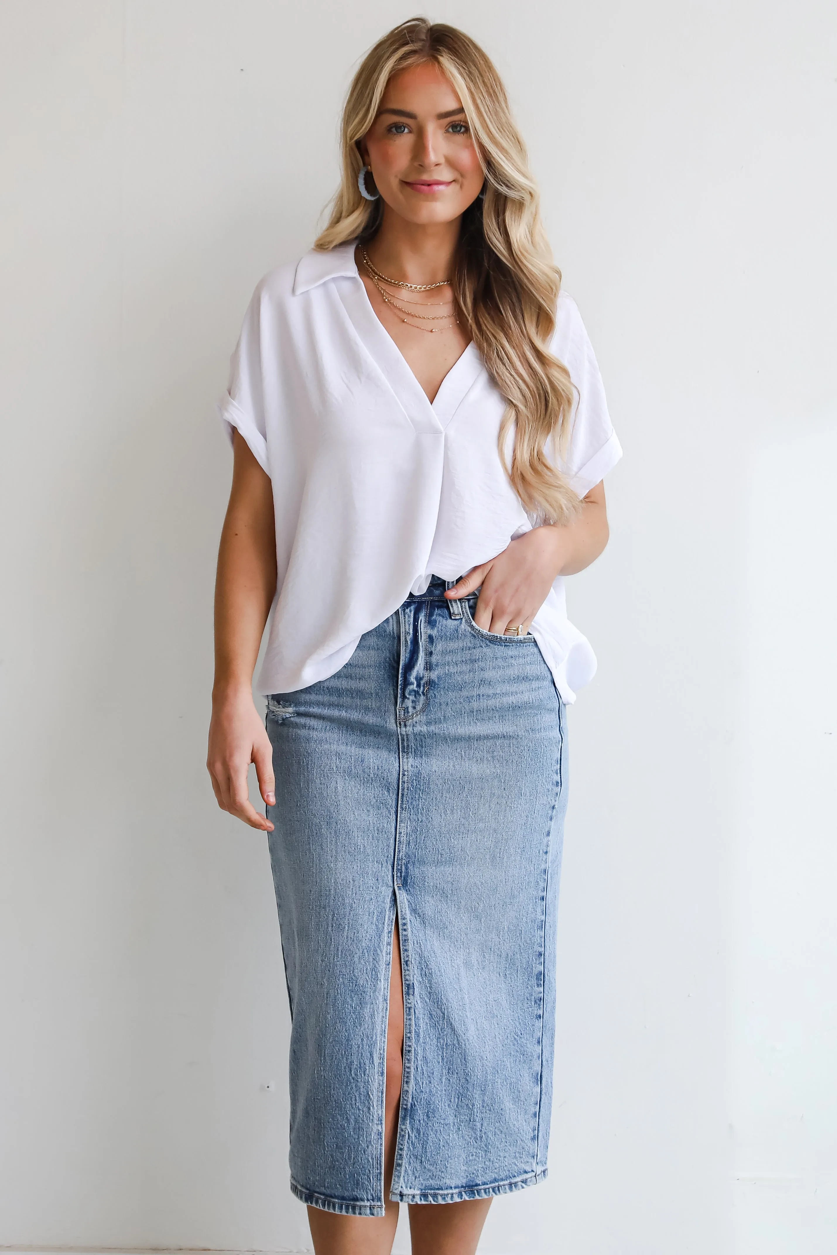 FINAL SALE - Make It Easy Medium Wash Denim Midi Skirt