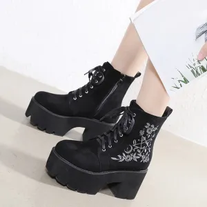 Floral Gothic Punk Suede Chunky Platform Ankle Boots