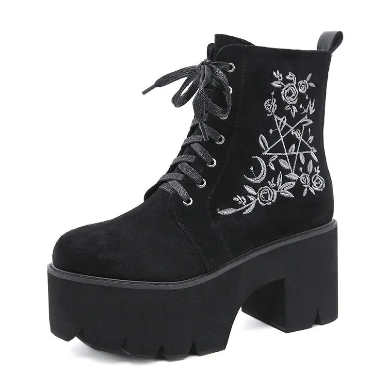 Floral Gothic Punk Suede Chunky Platform Ankle Boots