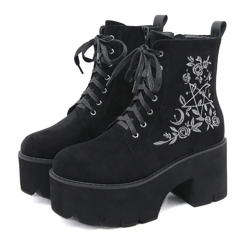 Floral Gothic Punk Suede Chunky Platform Ankle Boots