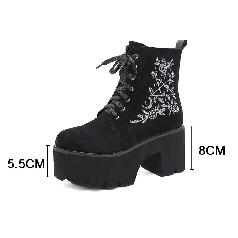 Floral Gothic Punk Suede Chunky Platform Ankle Boots