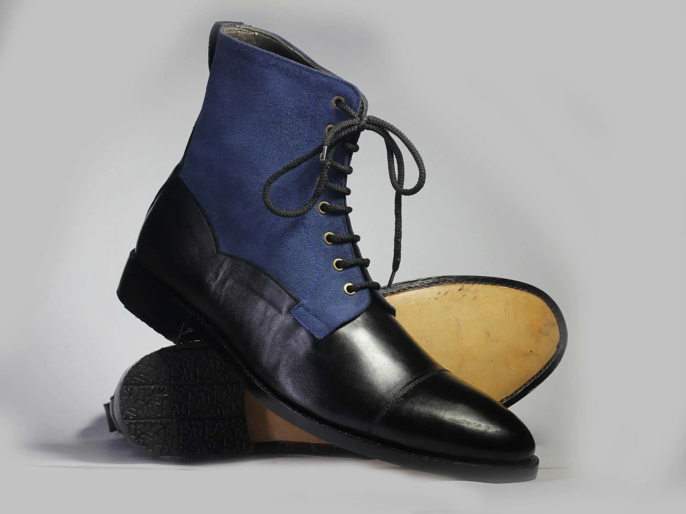 Handmade Black Leather & Blue Suede ankle High Boots, Men Designer Boots