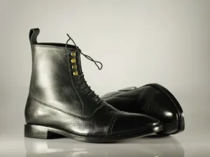 Handmade Men's Black Leather Cap Toe Lace Up Boots, Men Ankle Boots, Men Designer Boots