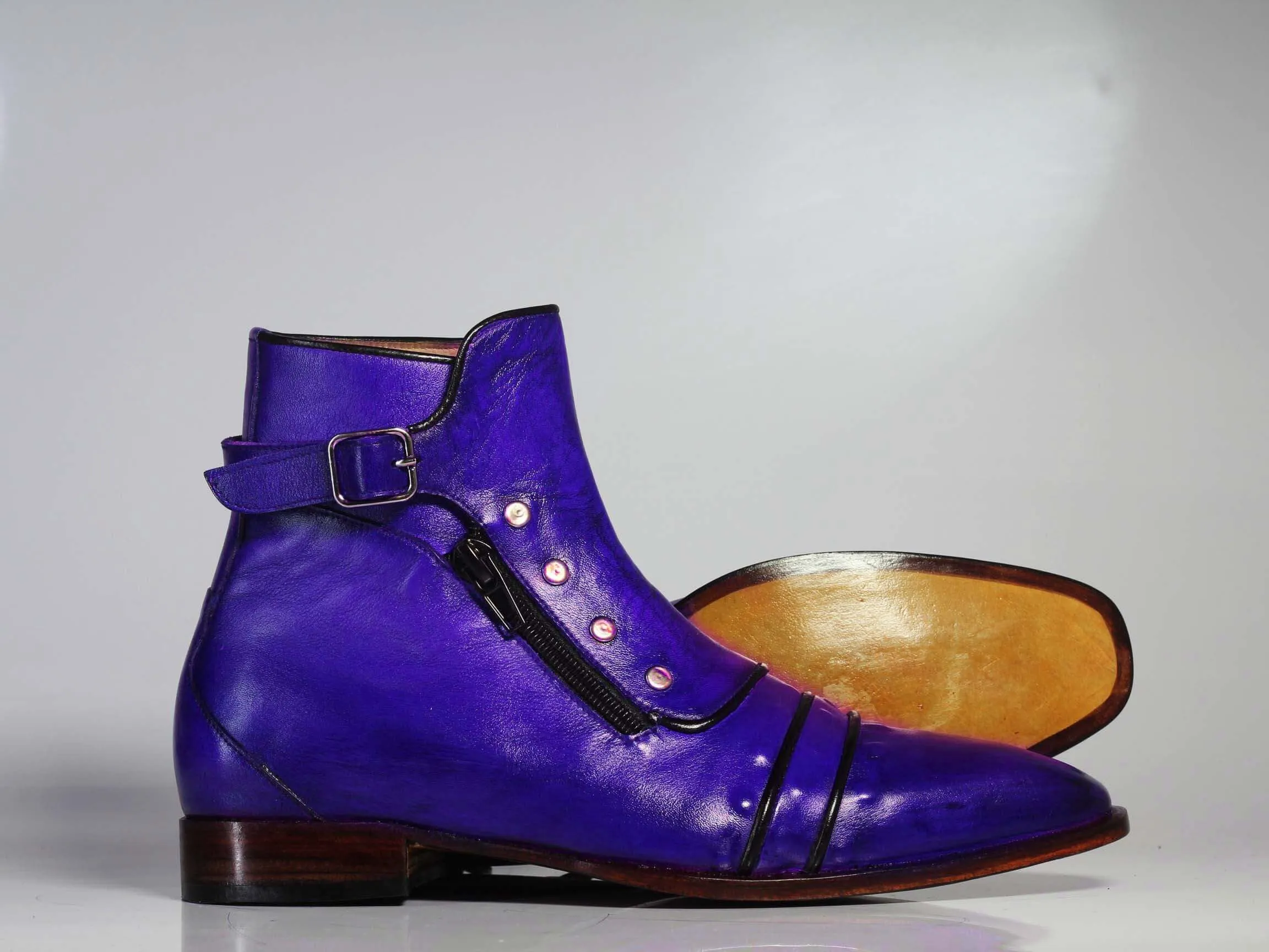 Handmade Men’s Purple Ankle High Boots, Men Cap Toe Buckle & Zipper Leather Boots