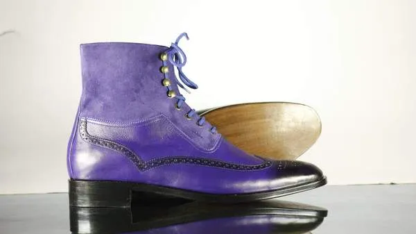 Handmade Men's Purple Leather Suede Wing Tip Brogue Lace Up Boots, Men Ankle Boots, Men Fashion Boots