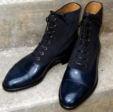 Handmade Navy Leather Black Suede Ankle Boots, Men Designer Wing Tip Brogue Boots