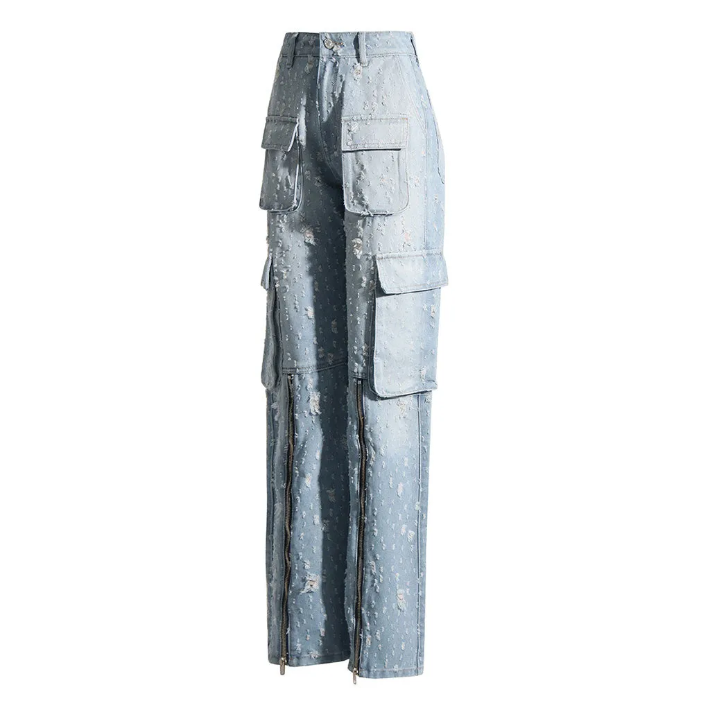 High Street Ripped Cargo Pocket Zipper High Waist Straight Leg Denim Jeans