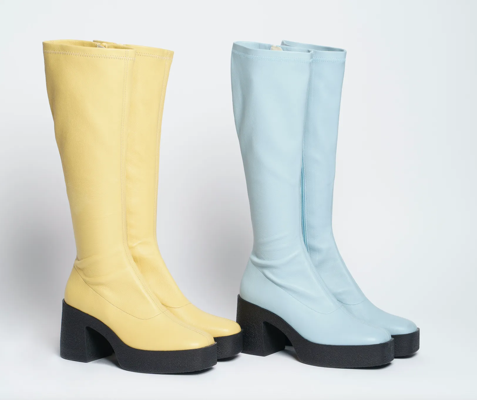 Izumi Pastel Blue Stretch Leather Chunky Boots