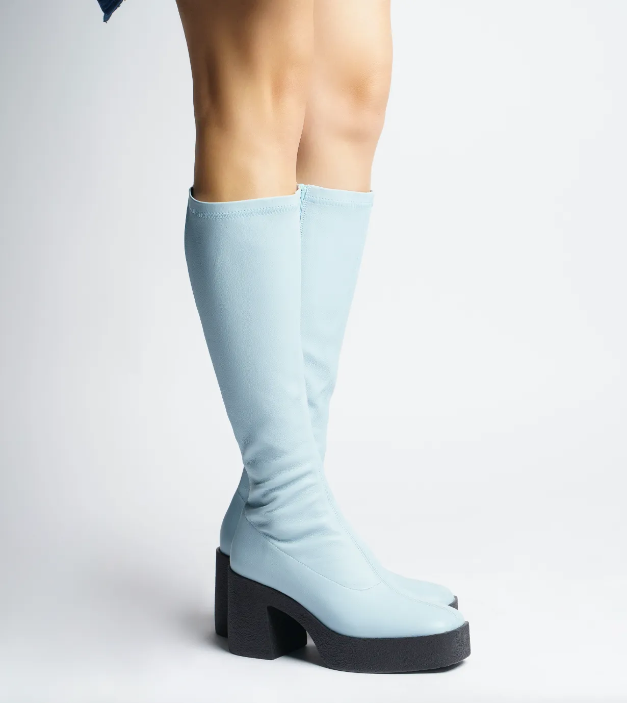 Izumi Pastel Blue Stretch Leather Chunky Boots