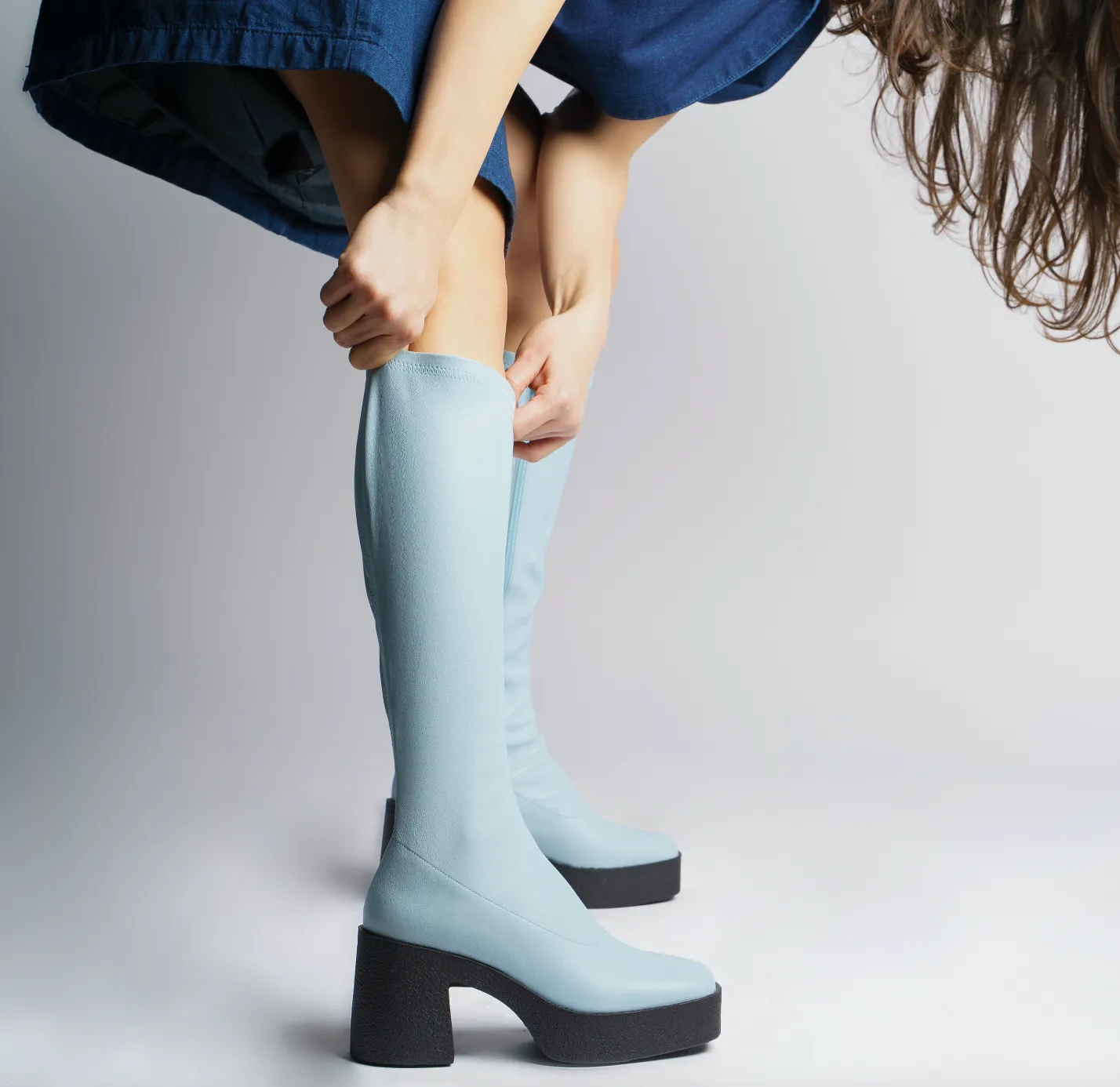 Izumi Pastel Blue Stretch Leather Chunky Boots