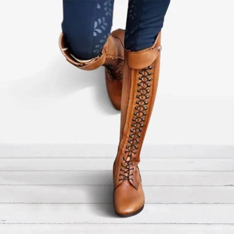 Knee high riding boots for women lace up low heel riding boots