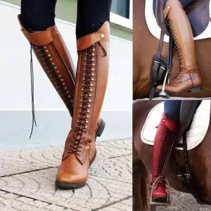 Knee high riding boots for women lace up low heel riding boots