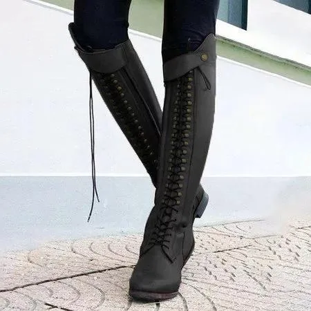 Knee high riding boots for women lace up low heel riding boots