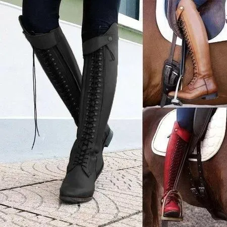 Knee high riding boots for women lace up low heel riding boots