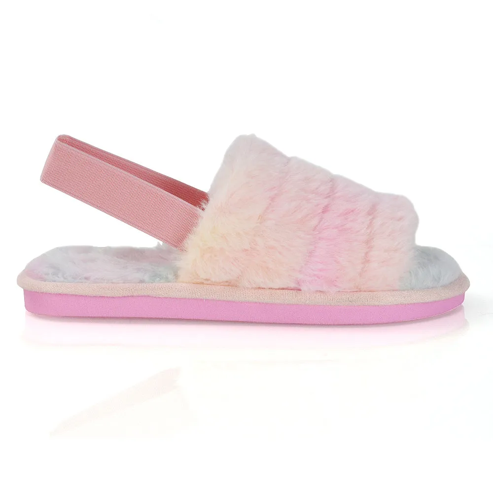 Lana Faux Fur Sling Back Ribbed Strappy Soft Cosy Fluffy Slippers in Pink