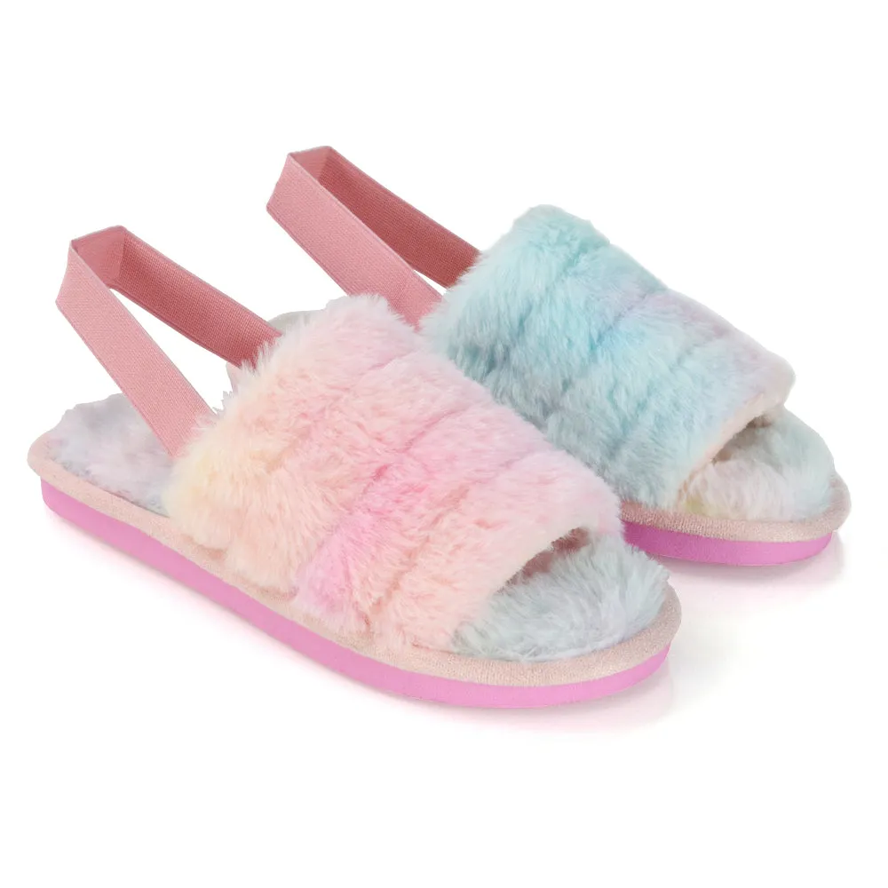 Lana Faux Fur Sling Back Ribbed Strappy Soft Cosy Fluffy Slippers in Pink