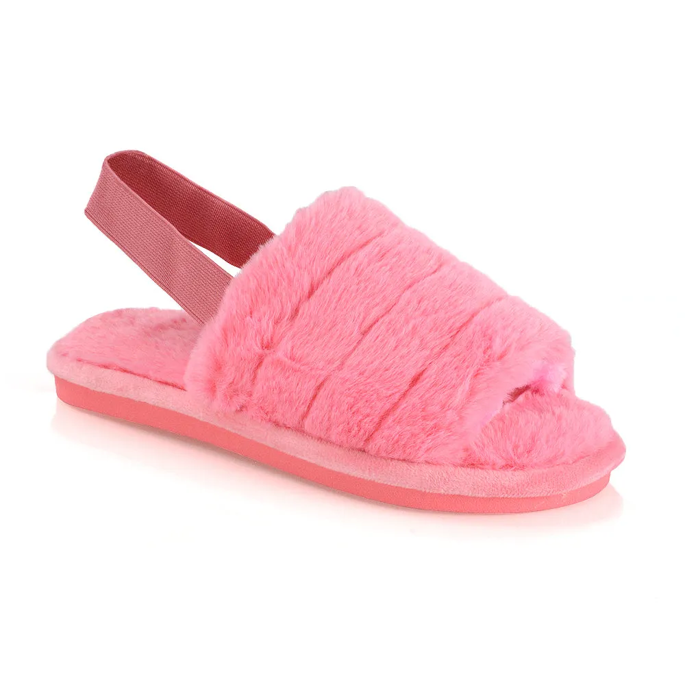 Lana Faux Fur Sling Back Ribbed Strappy Soft Cosy Fluffy Slippers in Pink