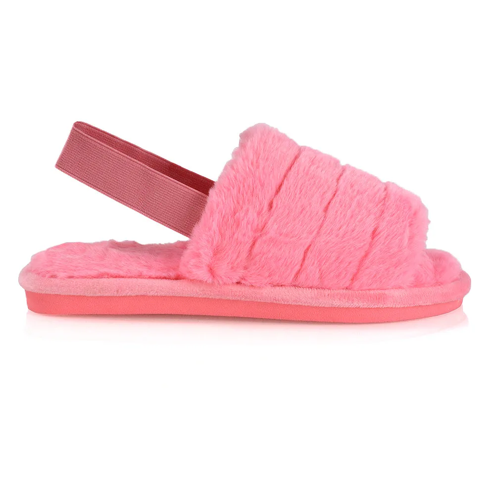 Lana Faux Fur Sling Back Ribbed Strappy Soft Cosy Fluffy Slippers in Pink