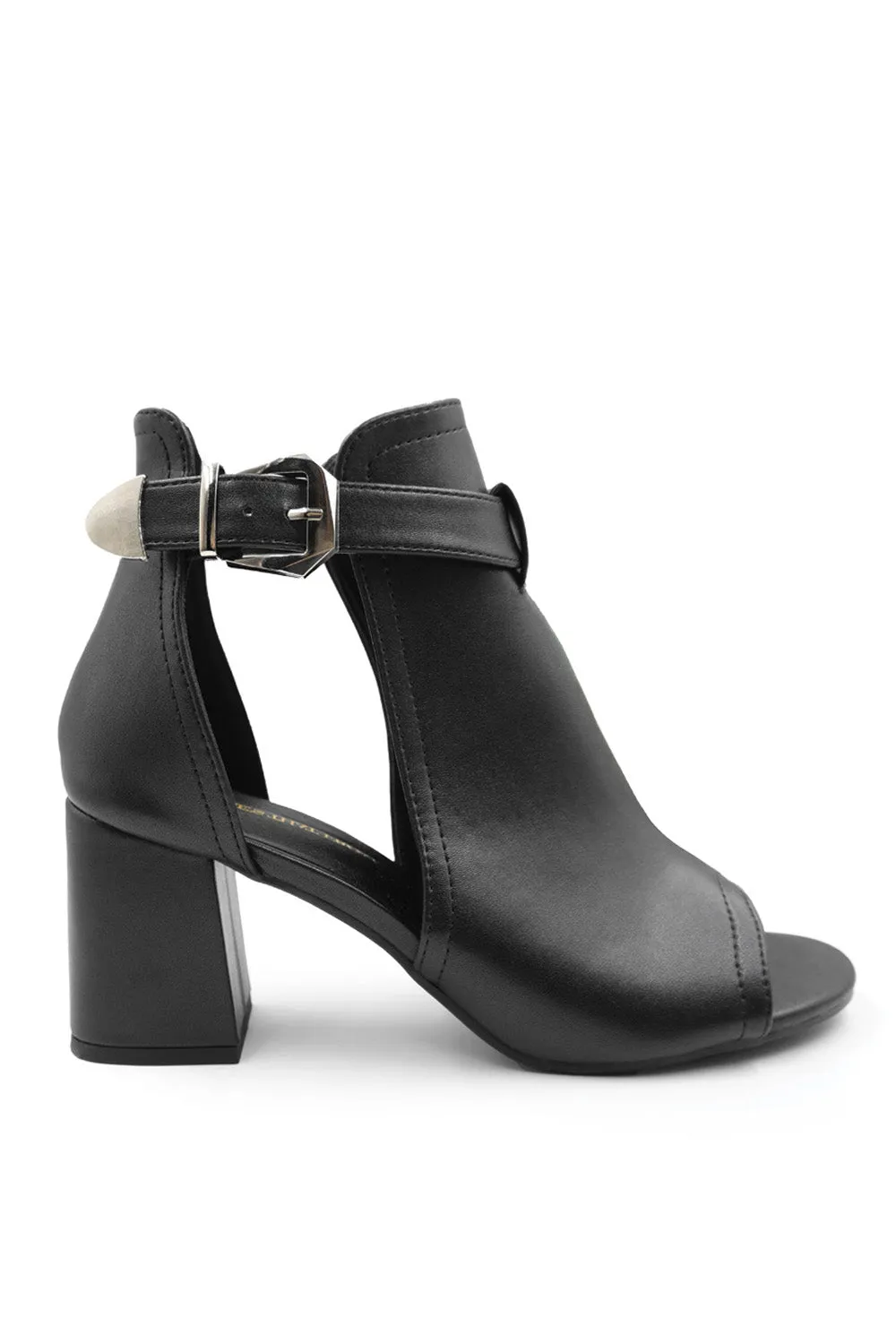 LISA WIDE FIT BLOCK HEEL WITH SIDE BUCKLE AND OPEN TOE FRONT IN BLACK FAUX LEATHER