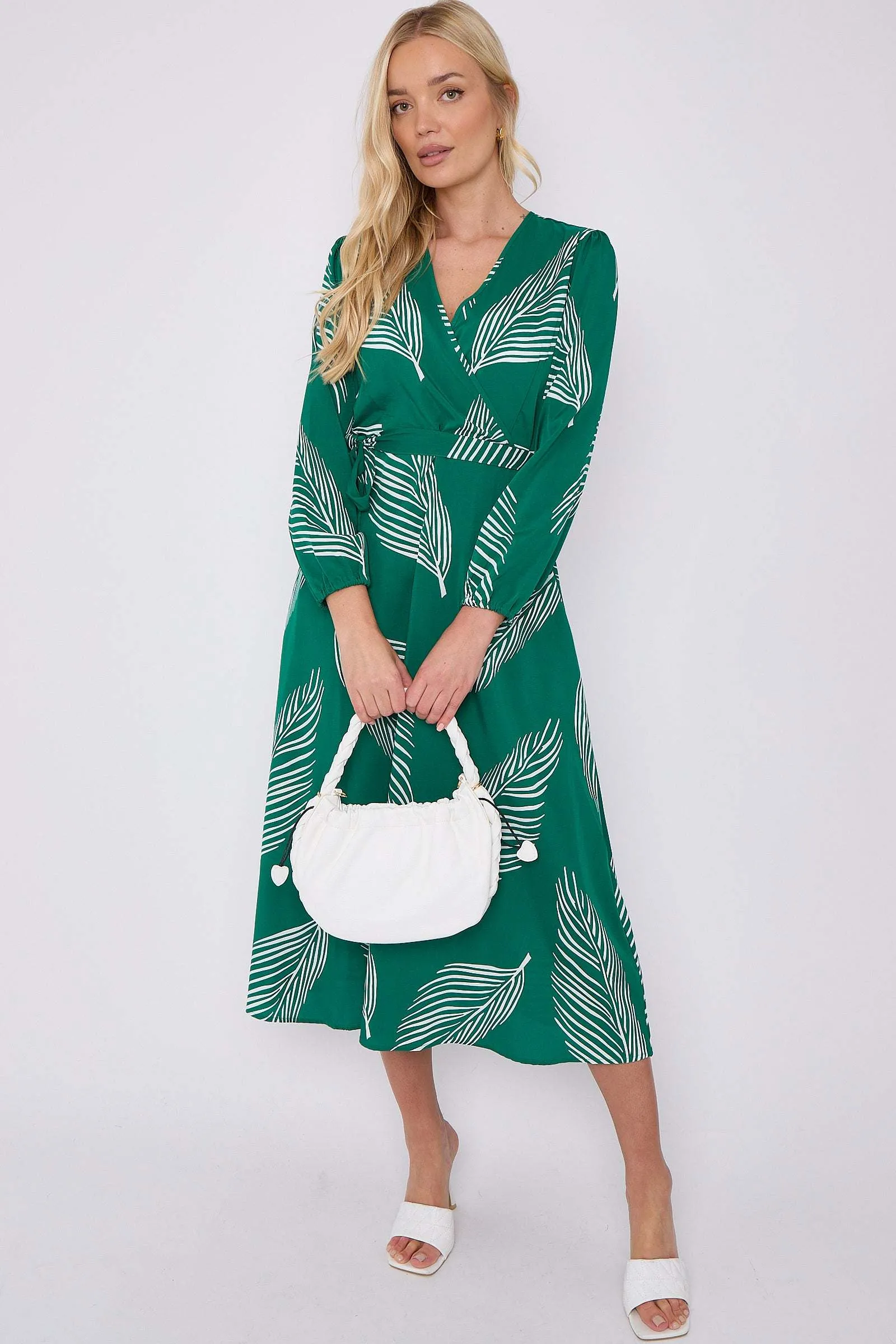 LOVE SUNSHINE Green Plam Leaf Printed V Neck Midi Dress