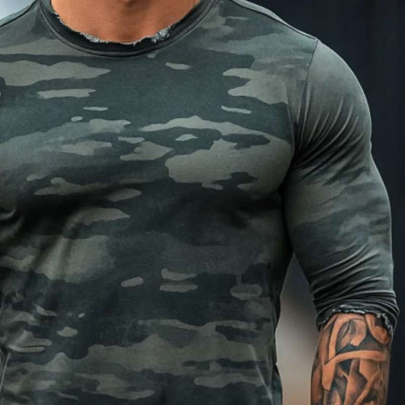 Men's Fashion Camouflage Print Crew Neck Raw Edge Slim Fit Long Sleeve T-Shirt 18930453Y